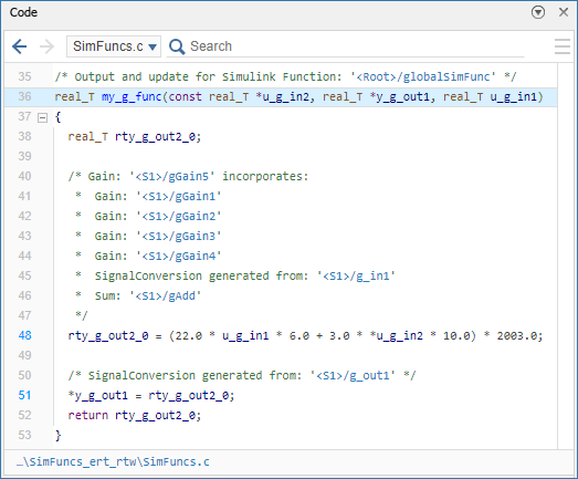 Code pane showing the definition of my_g_func, with the prototype line highlighted. The function prototype is real_T my_g_func(const real_T *u_g_in2, real_T *y_g_out1, real_T u_g_in1), and the function returns rty_g_out2_0.