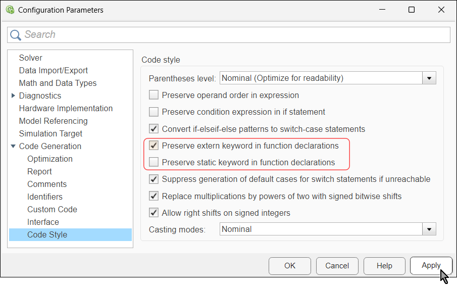 Configuration Parameter dialog box. The parameter Preserve extern keyword in function declarations is highlighted and enabled. The parameter below it, Preserve static keyword in function declarations, is also highlighted. The mouse cursor is on the Apply button.