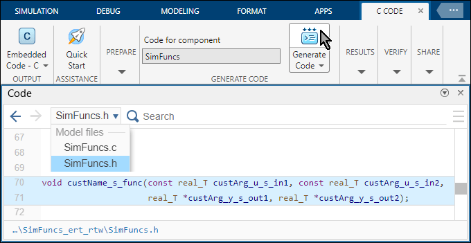 Simulink Toolstrip with the C Code tab selected. The arrow cursor is clicking Generate Code. Below, the Code pane displays the declaration of the generated function in the header file SimFuncs.h. The prototype of the function is void custName_s_func(const real_T custArg_u_s_in1, const real_T custArg_u_s_in2, real_T *custArg_y_s_out1, real_T *custArg_y_s_out2).