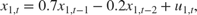 $${x_{1,t}} = 0.7{x_{1,t - 1}} - 0.2{x_{1,t - 2}} + {u_{1,t}},$$