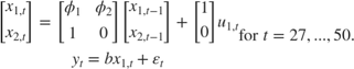 $$\begin{array}{l}
\left[ {\begin{array}{*{20}{c}}
{{x_{1,t}}}\\
{{x_{2,t}}}
\end{array}} \right] = \left[ {\begin{array}{*{20}{c}}
{{\phi _1}}&{{\phi _2}}\\
1&0
\end{array}} \right]\left[ {\begin{array}{*{20}{c}}
{{x_{1,t - 1}}}\\
{{x_{2,t - 1}}}
\end{array}} \right] + \left[ {\begin{array}{*{20}{c}}
1\\
0
\end{array}} \right]{u_{1,t}}\\
{y_t} = b{x_{1,t}} + {\varepsilon _t}
\end{array}{\rm for\;}t = 27,...,50.$$