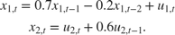 $$\begin{array}{l} {x_{1,t}} = 0.7{x_{1,t - 1}} - 0.2{x_{1,t - 2}} + {u_{1,t}}\\ {x_{2,t}} = {u_{2,t}} + 0.6{u_{2,t - 1}}. \end{array}$$