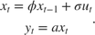 $$\begin{array}{*{20}{c}} {{x_t} = \phi {x_{t - 1}} + \sigma {u_t}}\\ {{y_t} = a{x_t}} \end{array}.$$