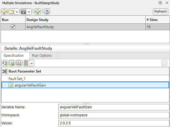 View of the fault sensitivity study shown in the Multiple Simulations pane. The design study adjusts the value of the gain in the fault behavior by using a vector.