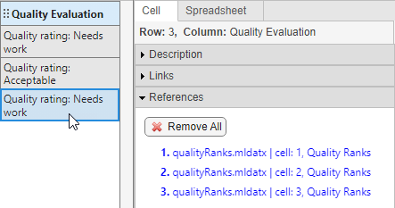 The new references shown in the Properties pane. The cursor points to and has selected the third cell in the Quality Evaluation column.