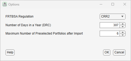 Options dialog box of FRTB-SA Analyzer app, with FRTBSA Regulation set to CRR2, Number of Days in a Year set to 307, and Maximum Number of Preselected Portfolios after Import set to 6