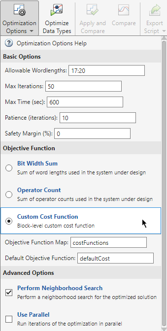 The optimization options drop-down menu in the fixed point tool shows a custom cost function selected as the objective function, with the specified objective function map and default objective function.