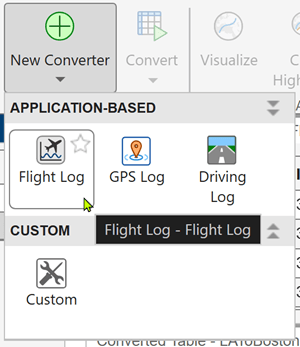 New Converter dropdown with Flight Log selected