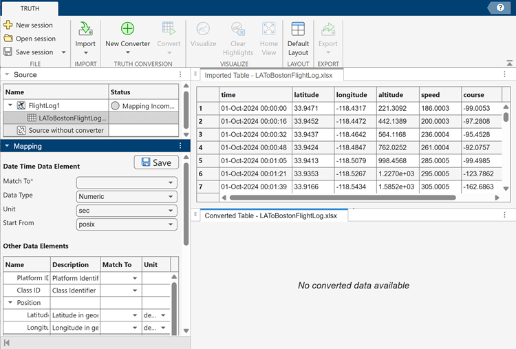 Source pane with file listed under FlightLog1 converter and Mapping pane below