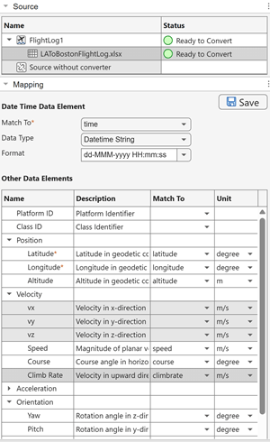 Mapping pane with data elements mapped to imported table columns
