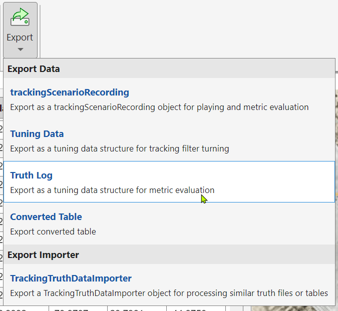 Export menu with Truth Log option selected