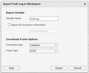 Export Truth Log dialog with Cartesian coordinate type and ECEF frame