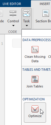 Live Editor Insert tab showing Task menu with Optimize option under Optimization category