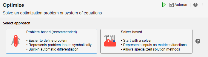 Optimize task dialog showing problem-based (recommended) and solver-based approaches