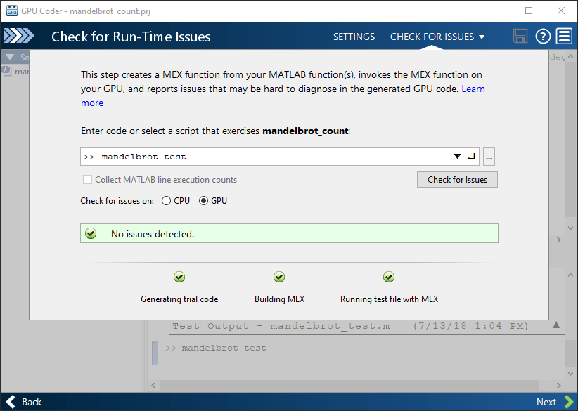 The Check for Run-Time Issues page. The app reports that it detected no issues.