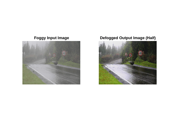 Figure contains 2 axes objects. Axes object 1 with title Foggy Input Image contains an object of type image. Axes object 2 with title Defogged Output Image (Half) contains an object of type image.