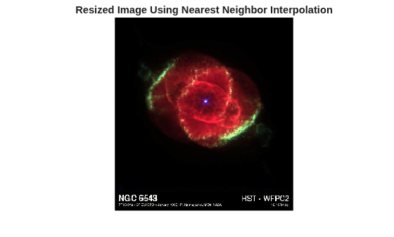 Figure contains an axes object. The hidden axes object with title Resized Image Using Nearest Neighbor Interpolation contains an object of type image.