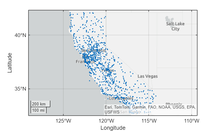 Figure contains an axes object with type geoaxes. The geoaxes object contains an object of type scatter.