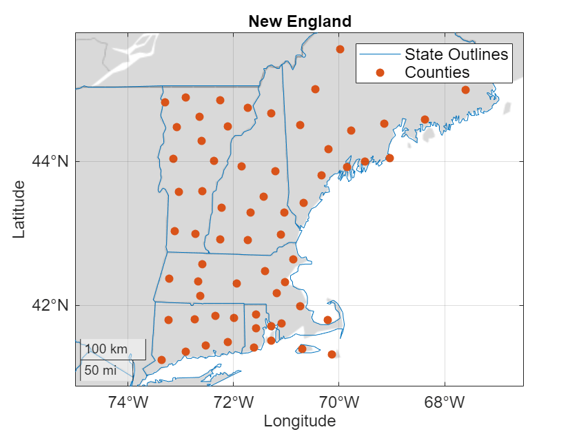 Figure contains an axes object with type geoaxes. The geoaxes object contains 2 objects of type line, scatter. These objects represent State Outlines, Counties.