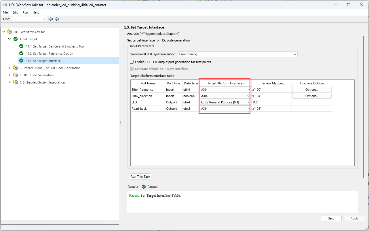 Selecting Target Platform Interfaces in the Set Target Interface task in the HDL Workflow Advisor