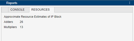 Resources tab showing the filter implementation uses 26 adders and 13 multipliers