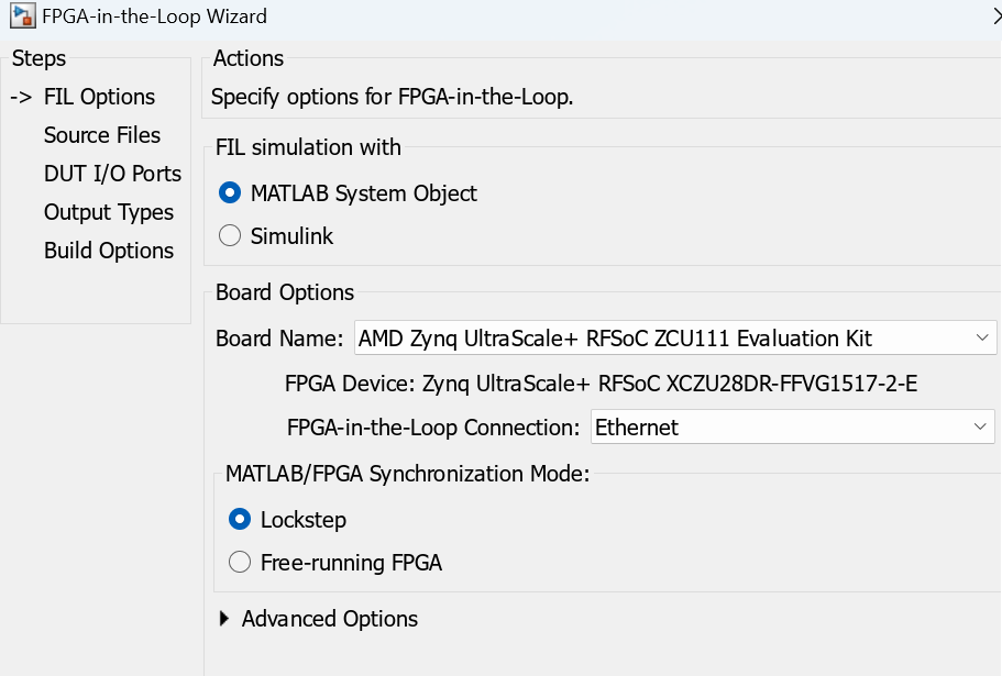 FPGA-in-the-Loop Wizard open on the FIL Options pane, with Board Name set to AMD Zynq UltraScale+ RFSoCZCU111 Evaluation Kit, FPGA-in-the-Loop Connection set to Ethernet, and Lockstep mode selected.