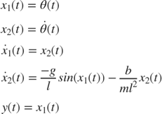 $$\begin{array}{l} {x_1}(t) = \theta (t)\\ {x_2}(t) = \dot \theta (t)\\ {{\dot x}_1}(t) = {x_2}(t)\\ {{\dot x}_2}(t) = \frac{{ - g}}{l}sin({x_1}(t)) - \frac{b}{{m{l^2}}}{x_2}(t)\\ y(t) = {x_1}(t) \end{array}$$