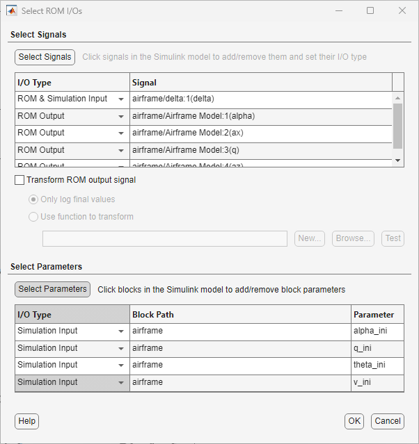 Select ROM I/Os dialog box showing the selected signals and parameters.
