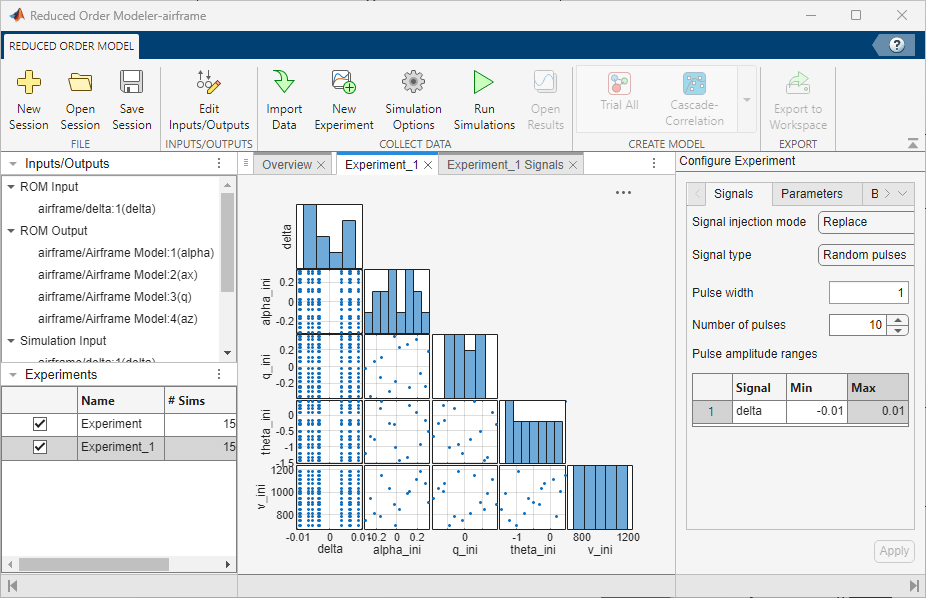 Experiment_1 tab in the Reduced Order Modeler app with the signals and paramaters configured.