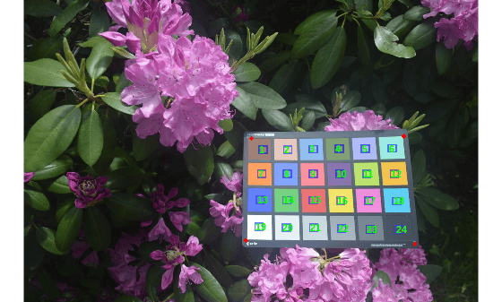 Figure Color checker test chart contains an axes object. The hidden axes object contains 25 objects of type image, text.