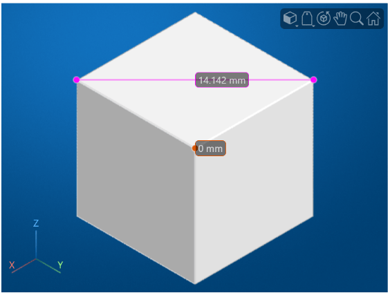 Volume display of a cube with two line annotations, one appearing as a 0 mm point