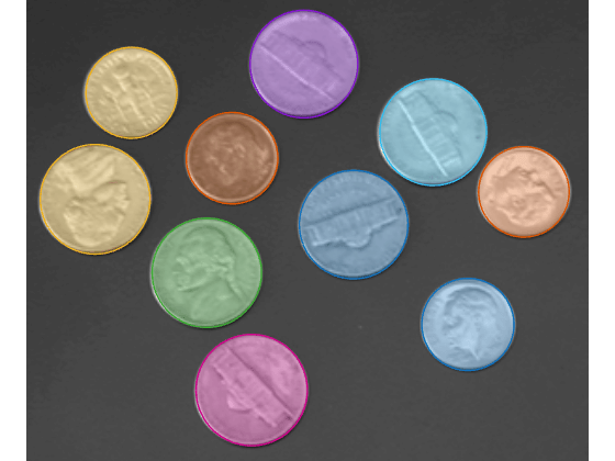 Image of nickels and dimes against a dark background, with each coin outlined and shaded in a different color