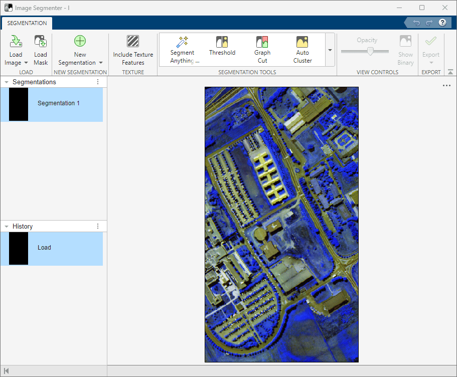 Three-channel version of hyperspectral image loaded in Image Segmenter app.
