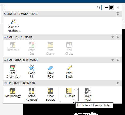The screenshot shows the drop-down with the Fill Holes option selected from the Refine Mask group.