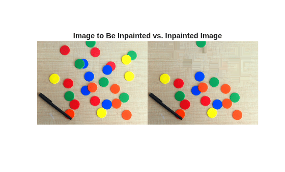 Figure contains an axes object. The hidden axes object with title Image to Be Inpainted vs. Inpainted Image contains an object of type image.