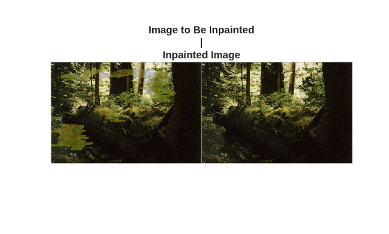 Figure contains an axes object. The hidden axes object with title Image to Be Inpainted | Inpainted Image contains an object of type image.