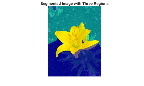 Figure contains an axes object. The hidden axes object with title Segmented Image with Three Regions contains an object of type image.