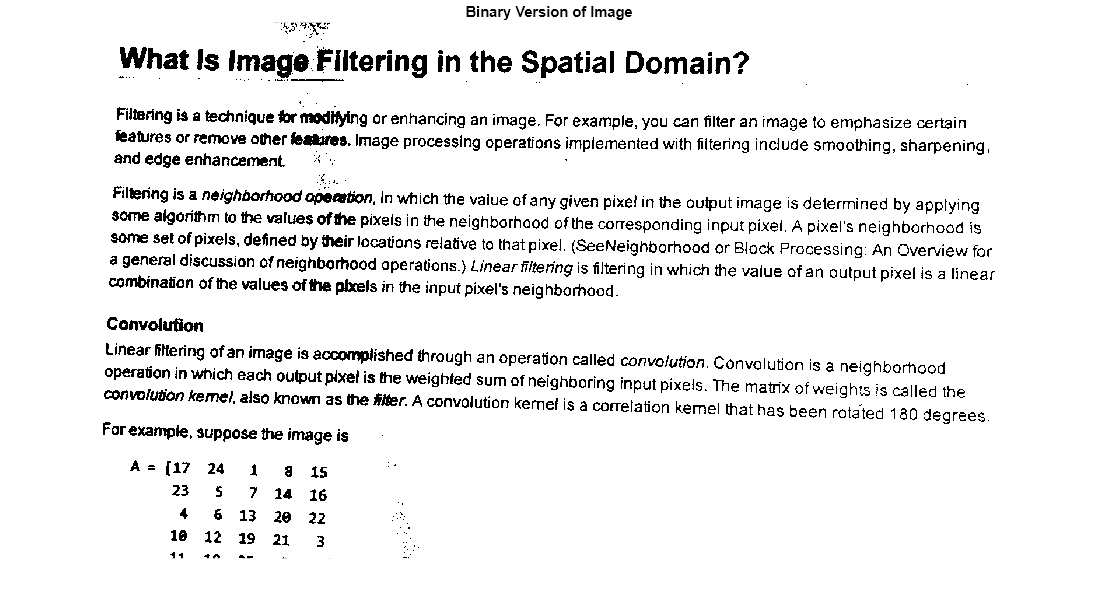 Figure contains an axes object. The hidden axes object with title Binary Version of Image contains an object of type image.