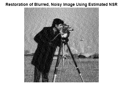 Figure contains an axes object. The hidden axes object with title Restoration of Blurred, Noisy Image Using Estimated NSR contains an object of type image.