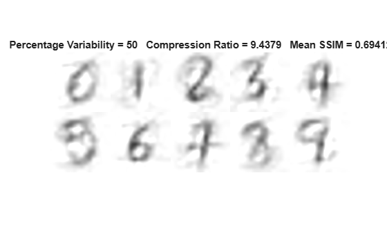 Figure contains an axes object. The hidden axes object with title Percentage Variability = 50 Compression Ratio = 9.4379 Mean SSIM = 0.69412 contains an object of type image.