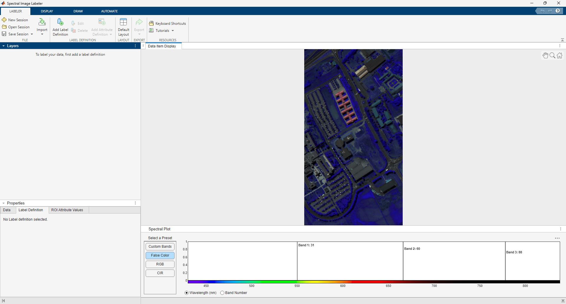 Hyperspectral image loaded into Spectral Image Labeler app.
