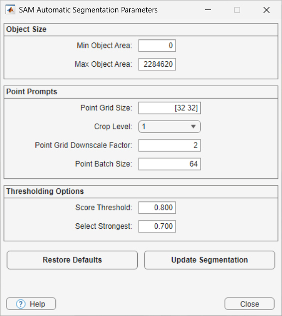 SAM Automatic Segmentation Parameters dialog box is open and shows Object Size, Point Prompts, and Thresholding Options.