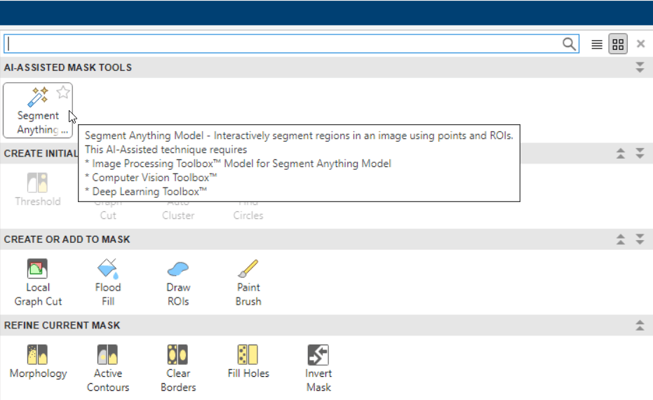 The screenshot shows the drop-down with the Segment Anything Model option selected from the Refine Mask group.