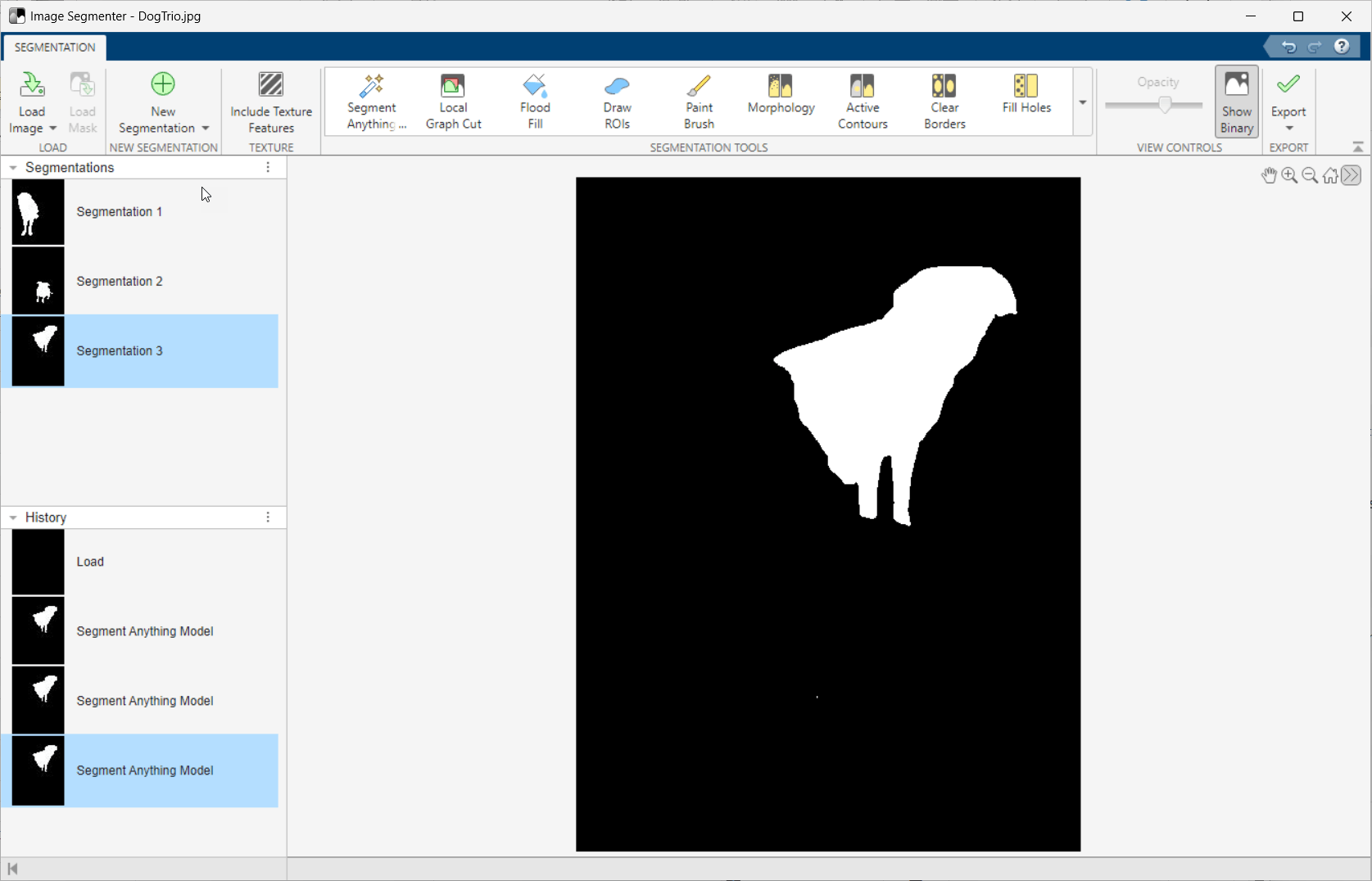 The screenshot shows the image with Show Binary selected. The background is in black and the dog at the right is segmented in white.