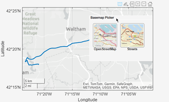 Geographic plot that uses the streets (light) basemap. A basemap picker includes icons for the OpenStreetMap and streets basemaps.