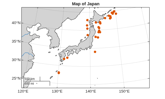 Figure contains an axes object with type mapaxes. The mapaxes object contains 2 objects of type line, point.