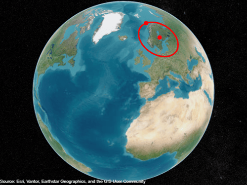 Center point, perimeter point, and small circle plotted in red on a geographic globe