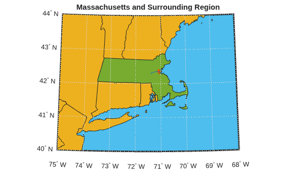 Figure contains an axes object. The hidden axes object with title Massachusetts and Surrounding Region contains 40 objects of type patch, line, text. One or more of the lines displays its values using only markers