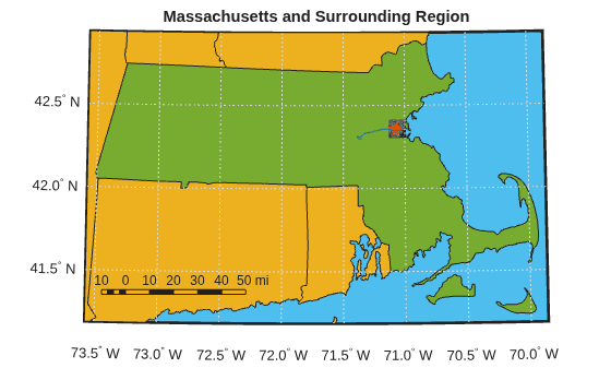 Figure contains an axes object. The hidden axes object with title Massachusetts and Surrounding Region contains 52 objects of type patch, line, text, surface. One or more of the lines displays its values using only markers