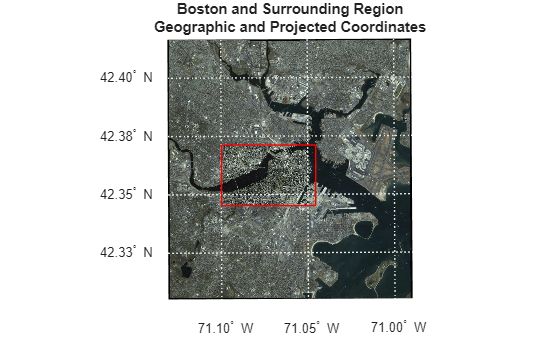 Figure contains an axes object. The hidden axes object with title Boston and Surrounding Region Geographic and Projected Coordinates contains 12 objects of type surface, image, line, text.